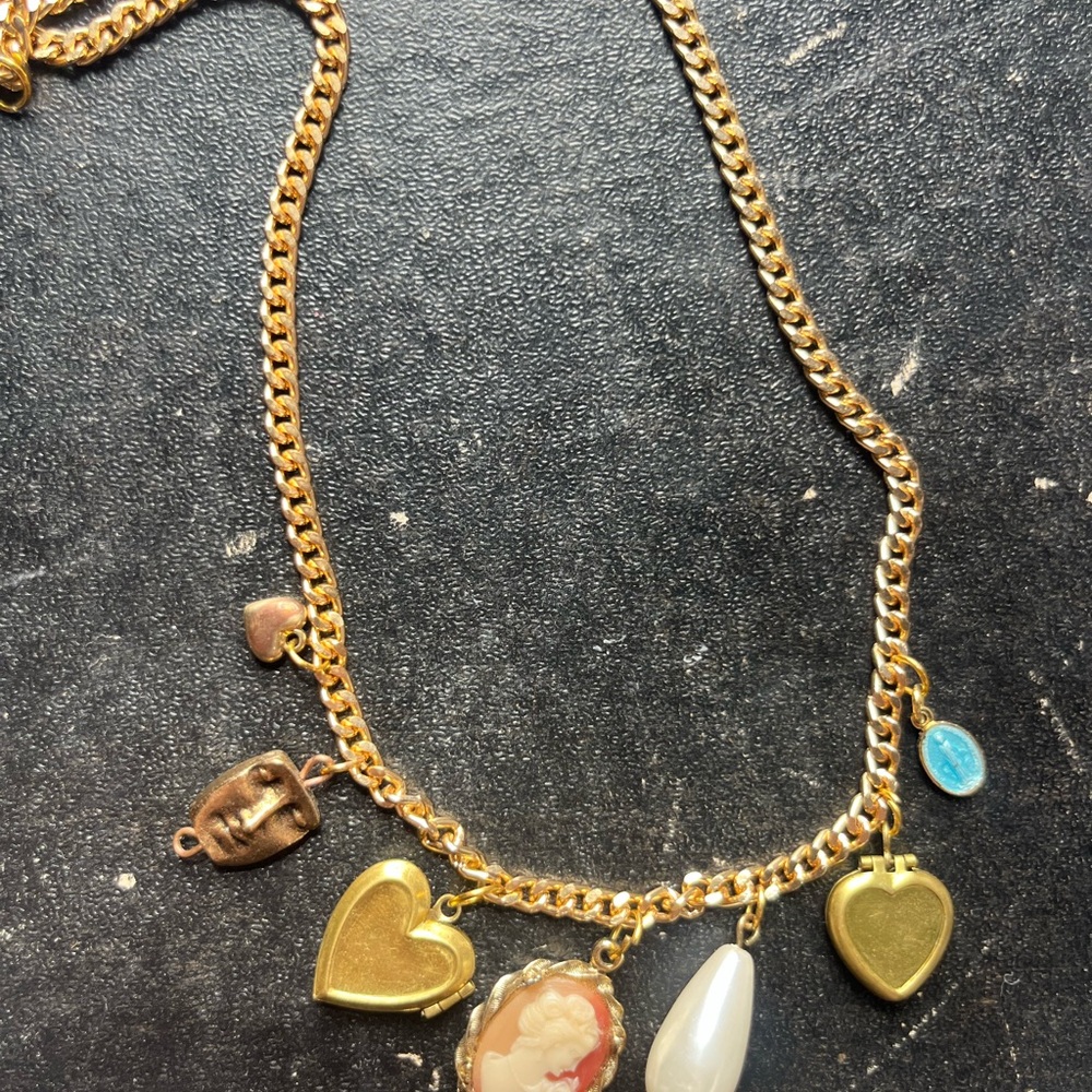 Gold Charm Necklace with Heart and Pearl Accents